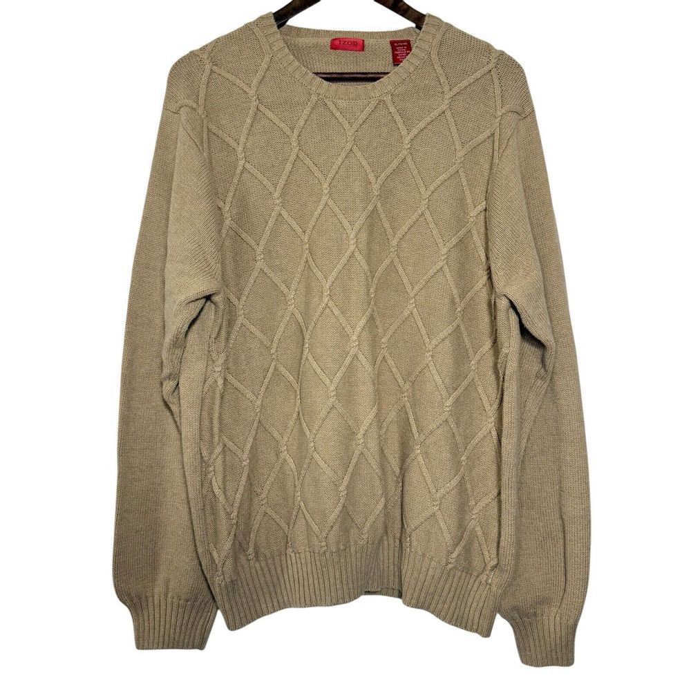 Izod‎ XL 3D Argyle Cable Knit Textured Grandpa Sweater Neutral Pullover Cotton